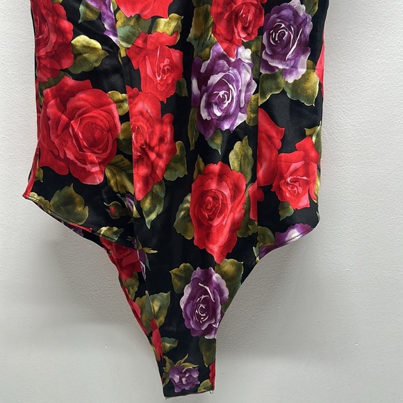 Victorias Secret Teddy Bodysuit Vintage Pure Silk Floral Satin Black Size Medium - Picture 4 of 8